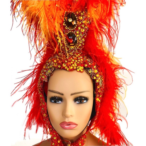Showgirl Orange & Red Feathers Headdress W/ Ostrich Marabou Feather Boas Unisex - Picture 5 of 8